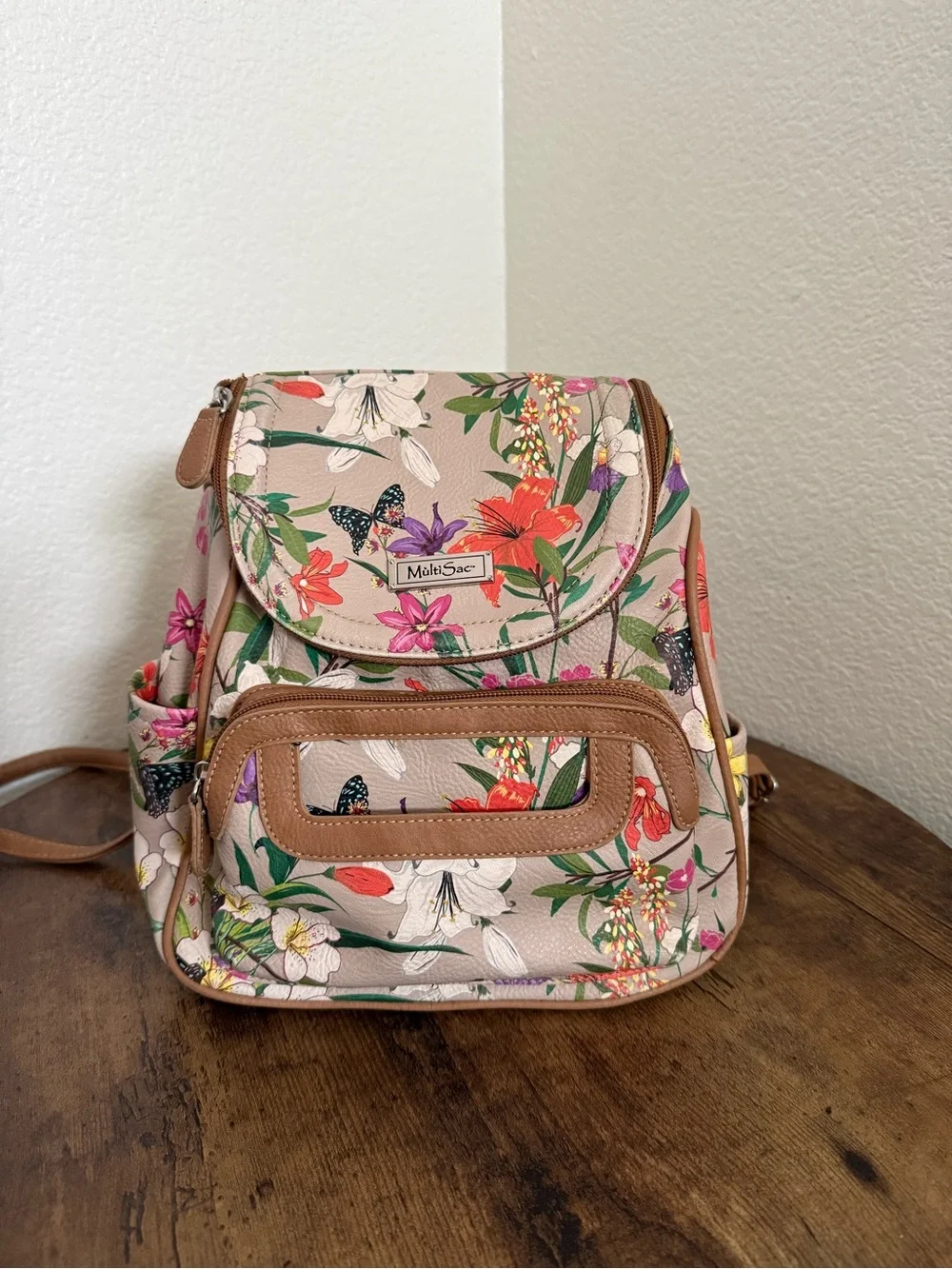 Multisac Adele Floral with Brown Trim Backpack
